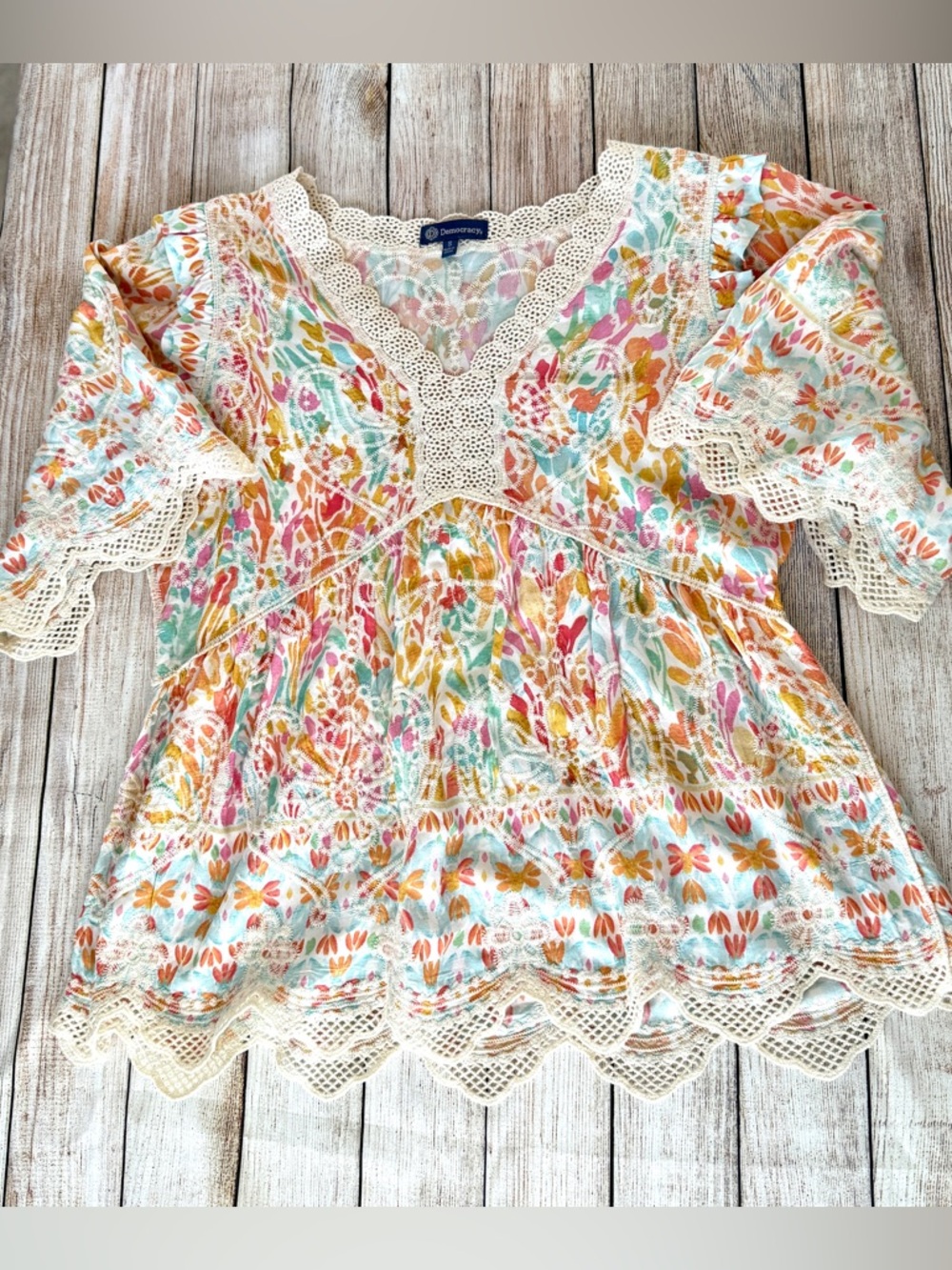 Democracy Floral Crochet-Trim Peasant Blouse in Pastel Multi - Picture 4 of 13